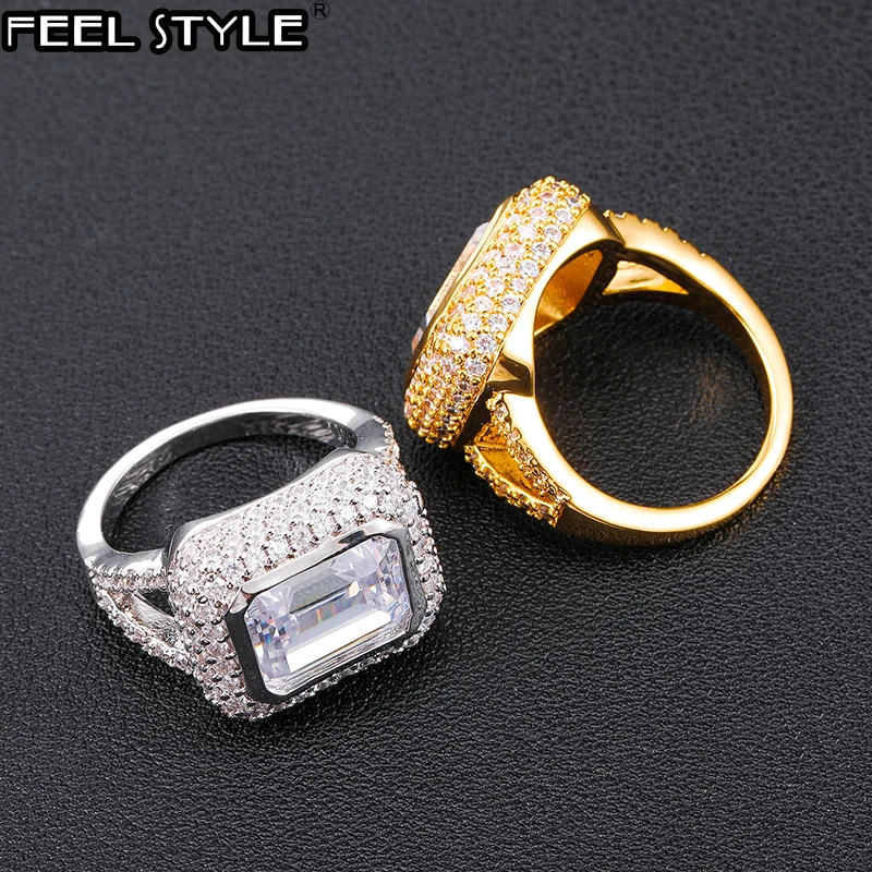 Hip Hop Popular CZ Stones Large Square Stone Rings Tready Bling Iced Out Copper Cubic Zirconia Ring For Men Women Jewelry