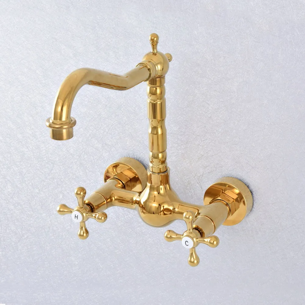 

Gold Color Brass Dual Handles Bathroom Kitchen Sink Faucets Wall Mounted Swivel Spout Two Holes Kitchen Mixer Taps Nsf622