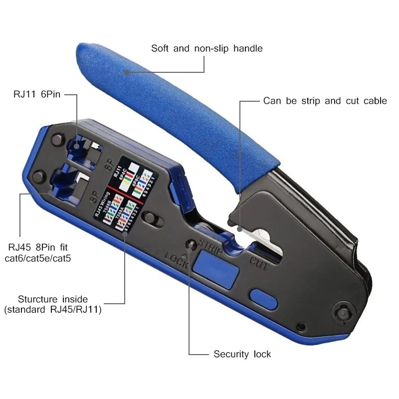 RJ45 Crimping Tool, Network Crimping Tool, Wire Stripper, Wire Stripper for Rj45 Cat6 Cat5E Cat5 Rj11 Rj12 Connector