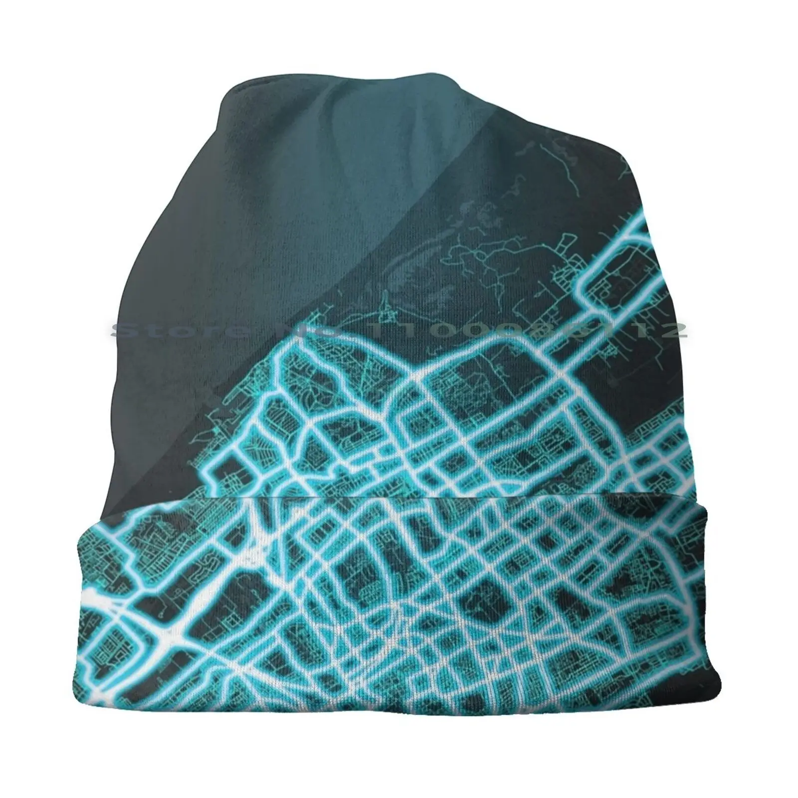 The Hague , Netherlands , Blue , White , Neon , Glow , City , Map Beanies Knit Hat The Hague Netherlands Blue White Neon Glow