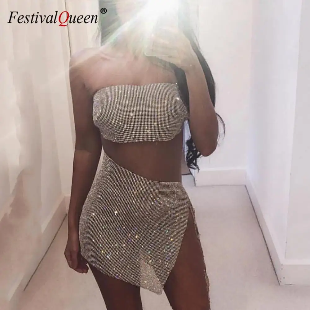 FestivalQueen Rhinestone Crystal 2 Piece Set for Women Mesh Body Chain Tube Top and Mini Skirt Bandage Backless Outfits Women\'s