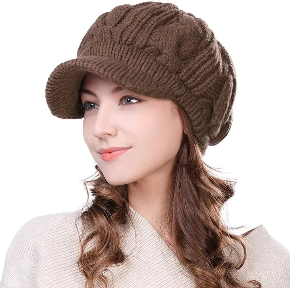 Women\'s Wool Knitted Acrylic Fibres Visor Beanie Winter Hat for Women Newsboy Cap Warm Soft Lined