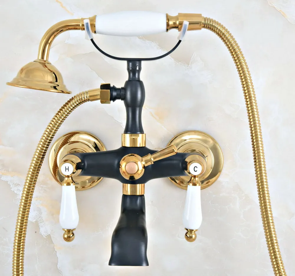 

Black Gold Color Brass Wall Mount Bathroom Tub Faucet Dual Ceramic Levers Telephone Style Hand Shower Clawfoot Tub Filler ana421