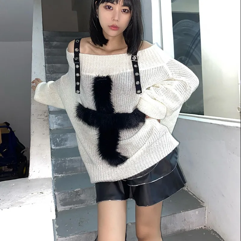 Karrcat Harajuku Gothic Knitted Sweaters Punk Girls Cross Off Shoulder Loose Sweater Outwear Autumn Winter Streetwear Emo Grunge