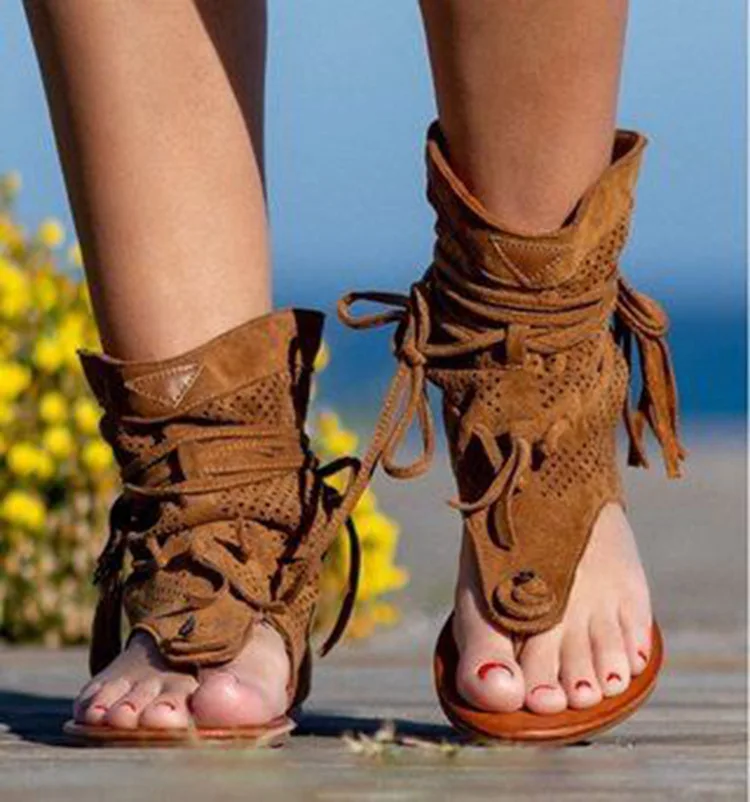 Sandalias Retro con borlas para Mujer, zapatos planos bohemios de verano, zapatos de playa con cordones para Mujer, Sandalias para Mujer 2020,