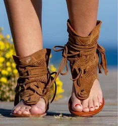 Retro Tassel Sandals For Woman Summer Boho Flat Shoes Ladies Lace Up Beach Shoes Sandalias Mujer 2020 Women's Shoes 698