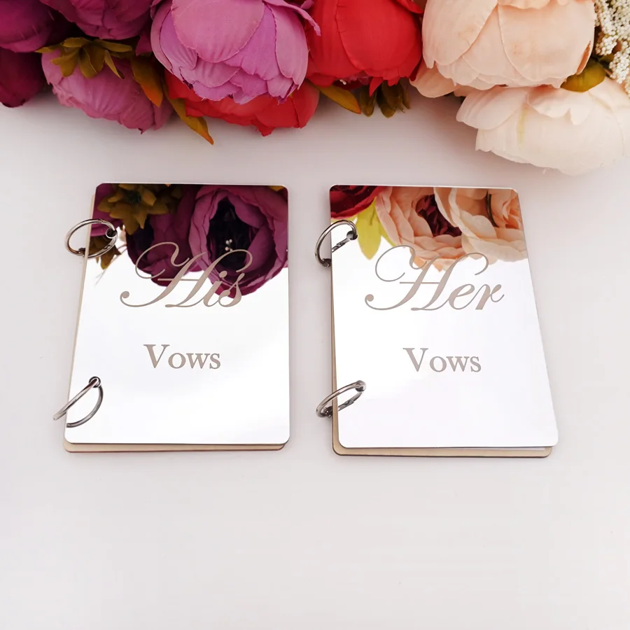 Creative His & Her Vows Acrylic Mirror Cover Simple Wedding Wooden Cover Vow Book Event & Party Decor Favors 2pcs/Set