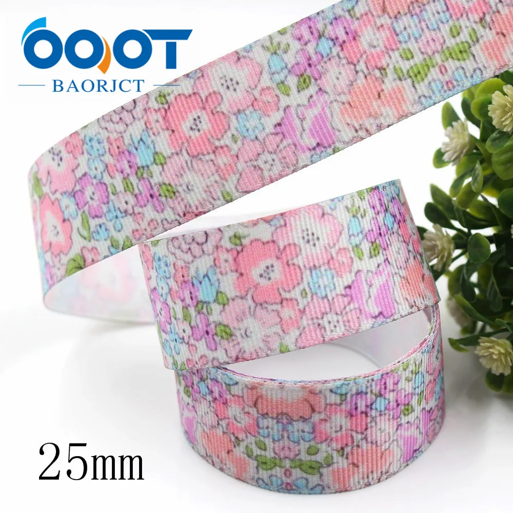 OOOT BAORJCT I-191214-2762,25mm,10yards Spring flowers Thermal transfer Printed grosgrain Ribbons,bow cap DIY accessories