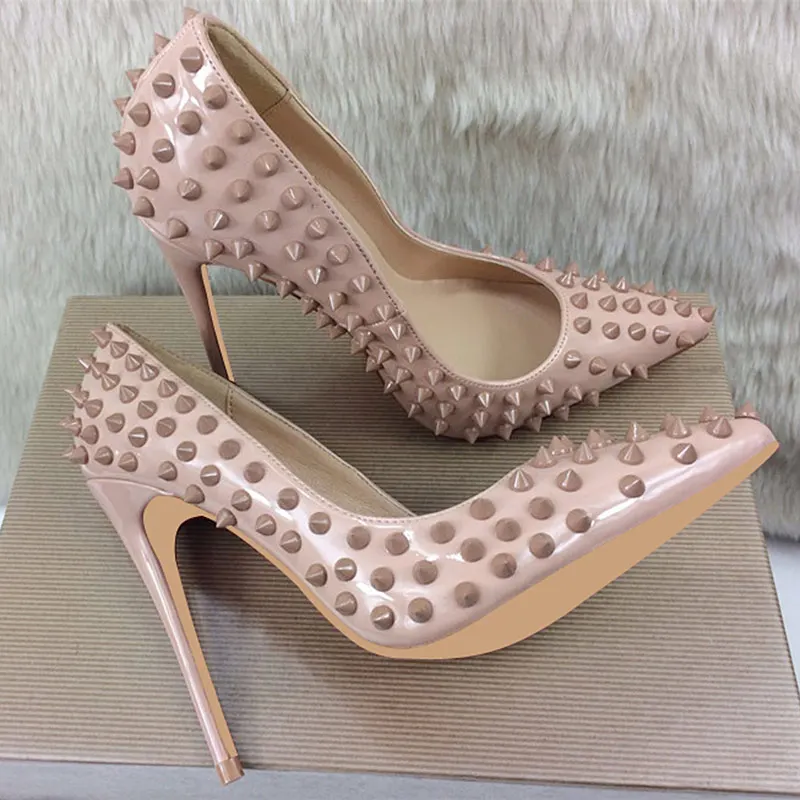 Tikicup Full Spikes Women Nude Patent Pointy Toe High Heels Sexy Ladies Slip On Stilettos Studs Pumps Wedding Party Dress Shoes