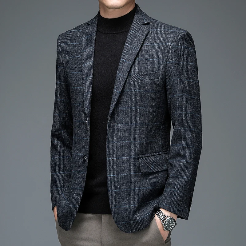 Autumn Winter Men Plaid Wool Blazer Smart Casual Gray Camel Navy Blue Checked Pattern Woolen Blend Jacket Suit Elegant Outfits