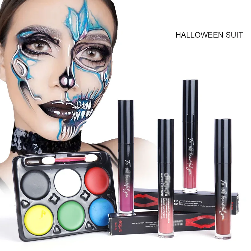 Halloween Bộ Trang Điểm Halloween Son Bóng Mặt Bộ Sơn Kéo Dài Không Dính Cốc Môi Tráng Men Màu Vẽ Mặt Bộ Halloween đảng Dụng Cụ