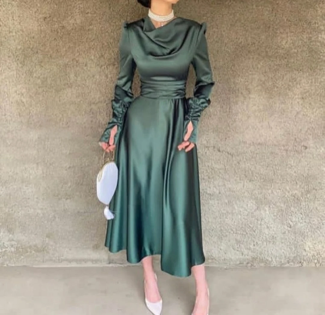 

Оливковое плиссированное короткое вечернее платье с длинным рукавом и высоким воротом на молнии сзади, длина чая, арабское вечернее платье для женщин