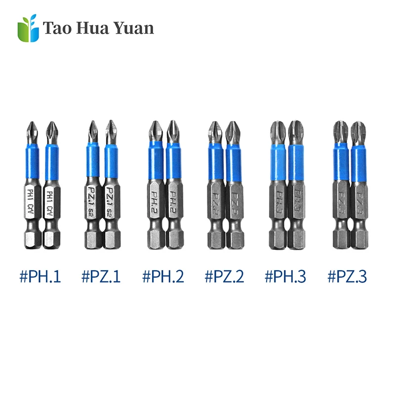 12pcs/set Gcr15 Phillips Bits Hex Shanked Anti Slip Screwdriver Bits Magnetic Single Head PH1 PZ1 PH2 PZ2 PH3 PZ3 50mm Length AA