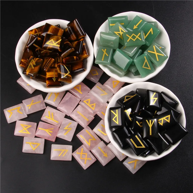 Wholesale 25pcs/lot Rectangle Natural Agat Crystal Rune Stone Viking Runes Amulet Set Reiki Healing Divination Stones Gift Decor