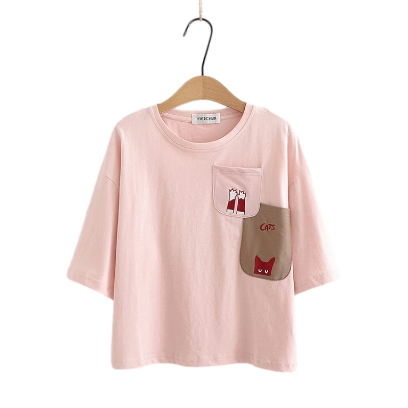 

Summer Cute Fashion Cartoon Women T-shirts Kawaii Cat Pocket White Short Sleeve Crop Tops Girls Pink Tee Harajuku Female T Shirt