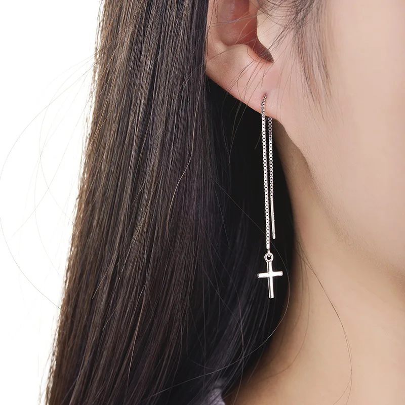 Buyee 925 Sterling Silver Cross Earring Long Ear Wire Sweet Dangle Tassel Earring for Woman Girl Fashion Fine Jewelry Earring