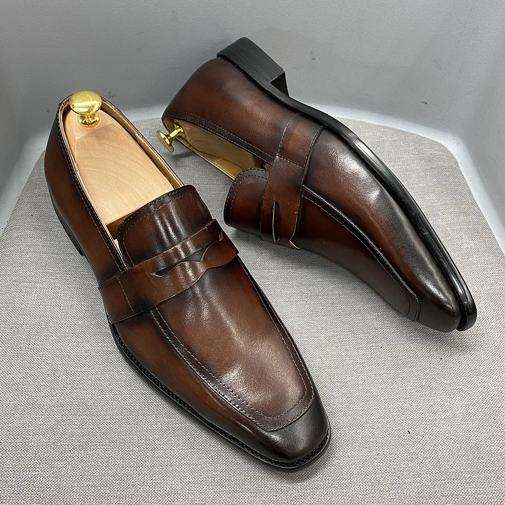 Size 7 To 12 Classic Mens Penny Loafers Genuine Cow Leather Dress Shoes Brown Handmade Slip on Italian Style Office Formal Shoes