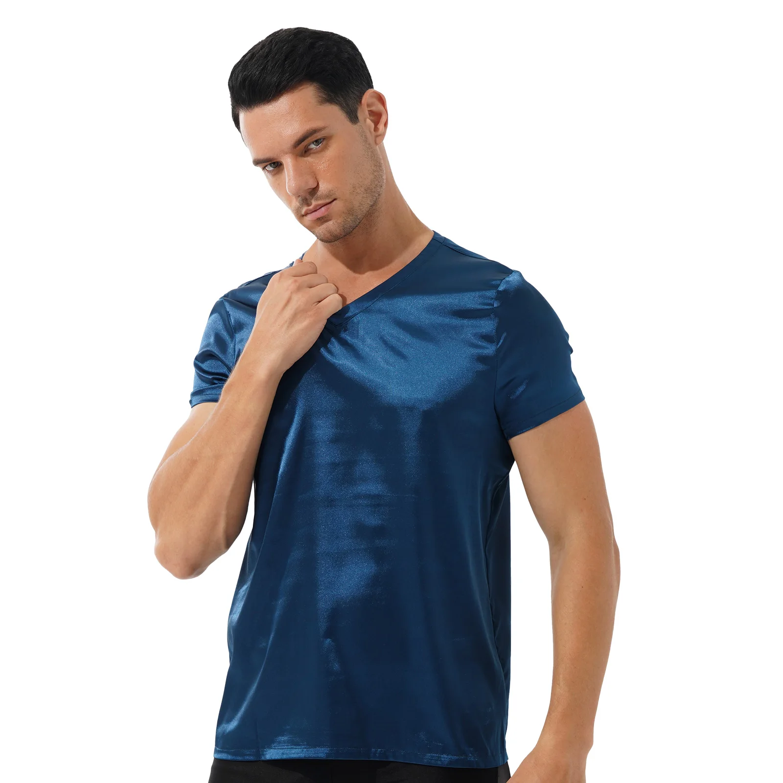 iiniim Mens Satin T-Shirt Male V Neck Short Sleeve Casual T-Shirt Loose Pajamas Tops Solid Color Loungewear Sleepwear Tees Tops