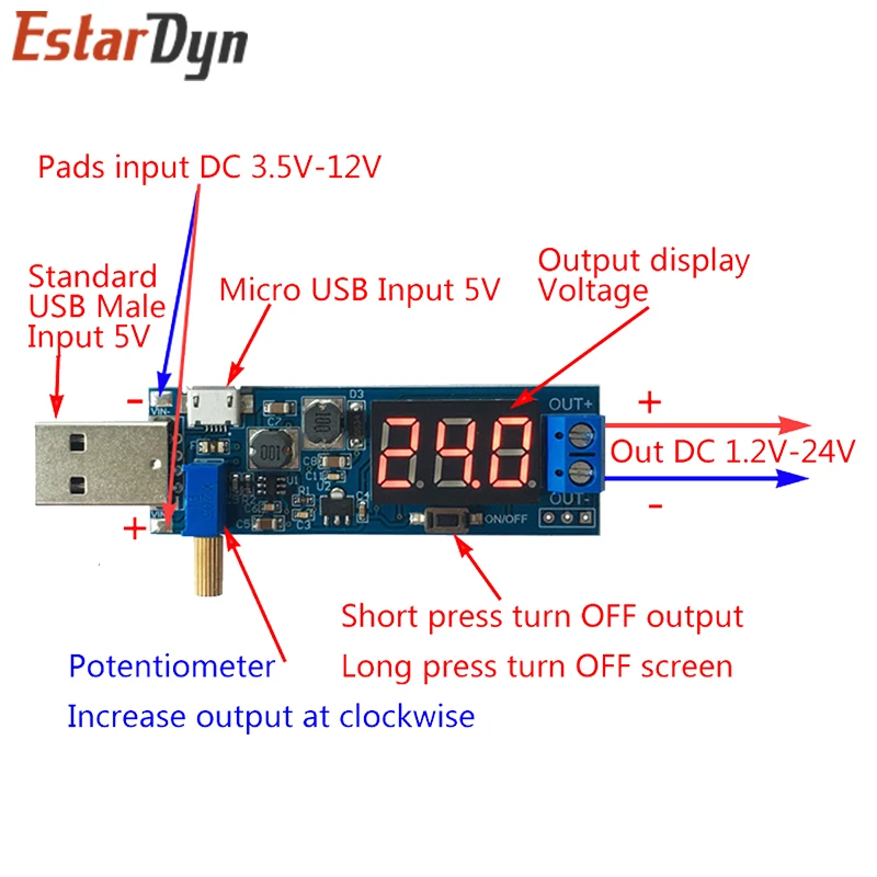 Boost Buck Converter USB Step UP / Down Power Supply Module DC-DC 5V to 3.3V / 12V Adjustable Out DC 1.2V-24V