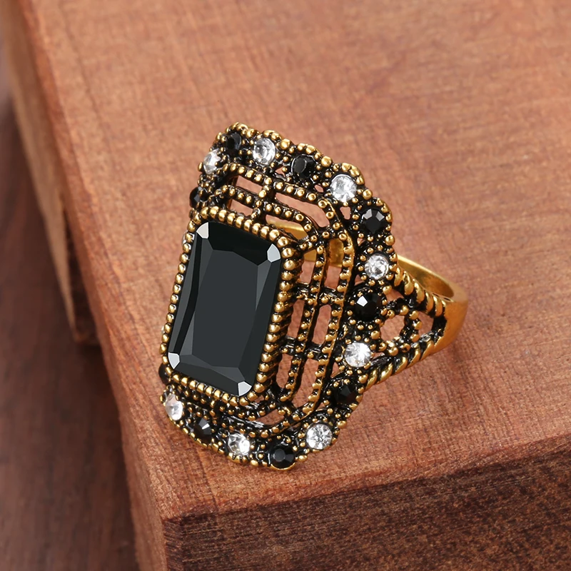 Kinel Big Black Stone Ring For Women Vintage Look Antique Gold Fashion Crystal Flower Bride Wedding Rings Ethnic Boho Jewelry