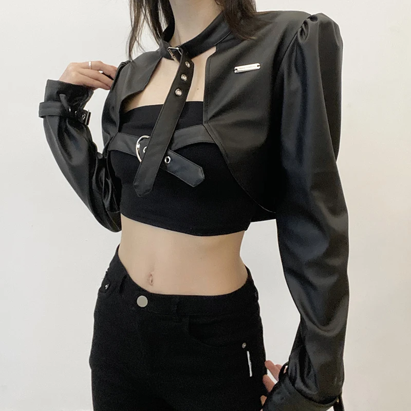 Rockmore PU Leather Jacket Women Punk Style Streetwear Black Metal Buckle Coats Gothic Overcoat Crop Top Hippie Outfits Techwear