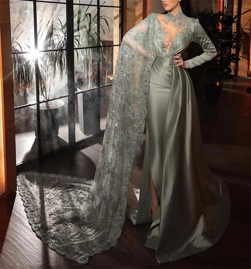 High Neck Silver Mermaid Evening Dresses With Long Sleeves Applique Lace Beaded One Shoulder Prom Dress Side Split Formal Party