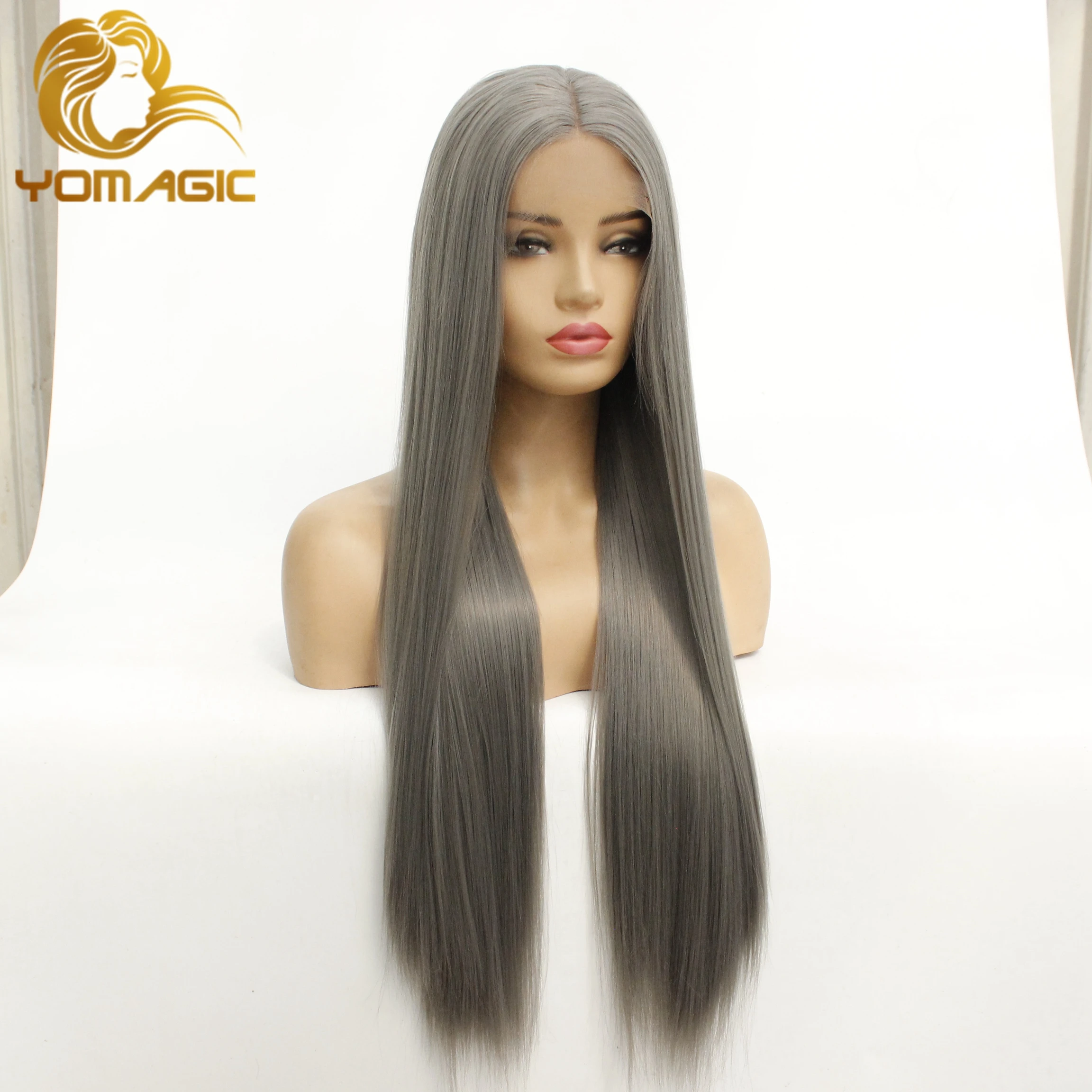 Yomagic Long Straight Synthetic Hair Lace Front Wigs for Women Natural Hairline Gray Color Synthetic Glueless Lace Wigs