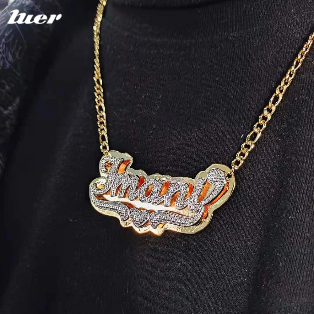 LUER Personalized Custom Stainless Steel Nameplate Necklace Double Plate Name Chokers Hip Hop Letter Gothic Necklaces (Unisex)