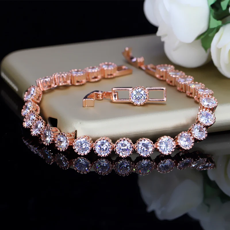 BeaQueen Brand Round Cubic Zirconia Stone Tennis Bracelets Bangles Luxury Yellow Gold Color Women Jewelry for Gift B052