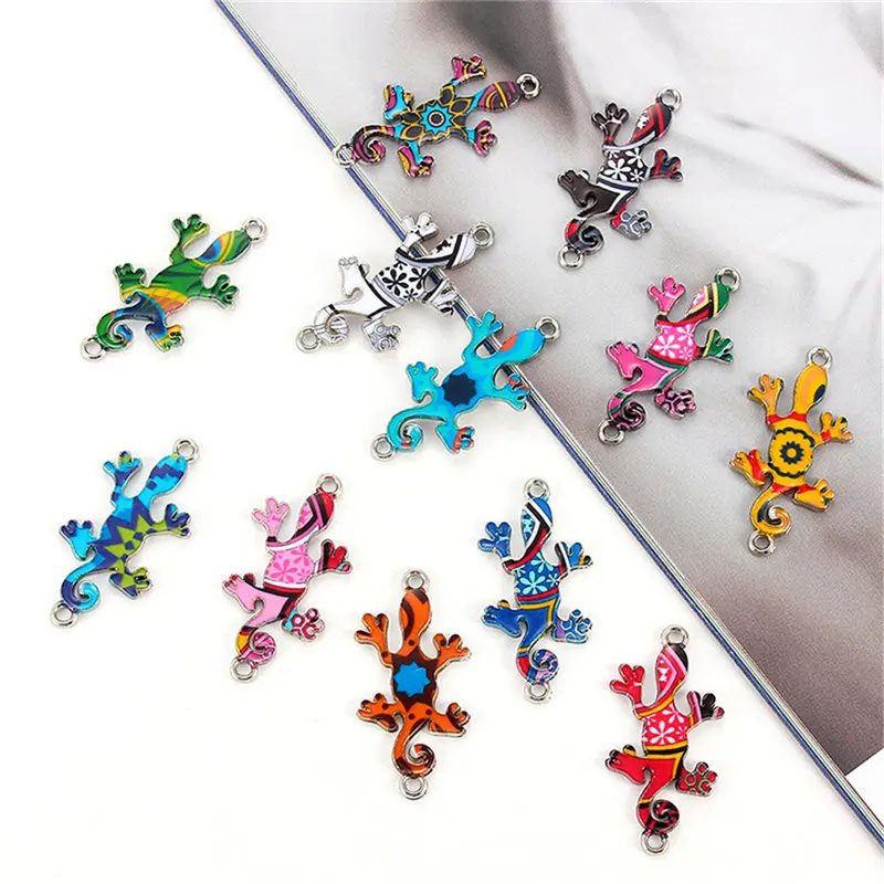 Julie Wang 10PCS Enamel Gecko Charms Random Color Pattern Alloy Lizard Animal Pendants Bracelet Jewelry Making Accessory