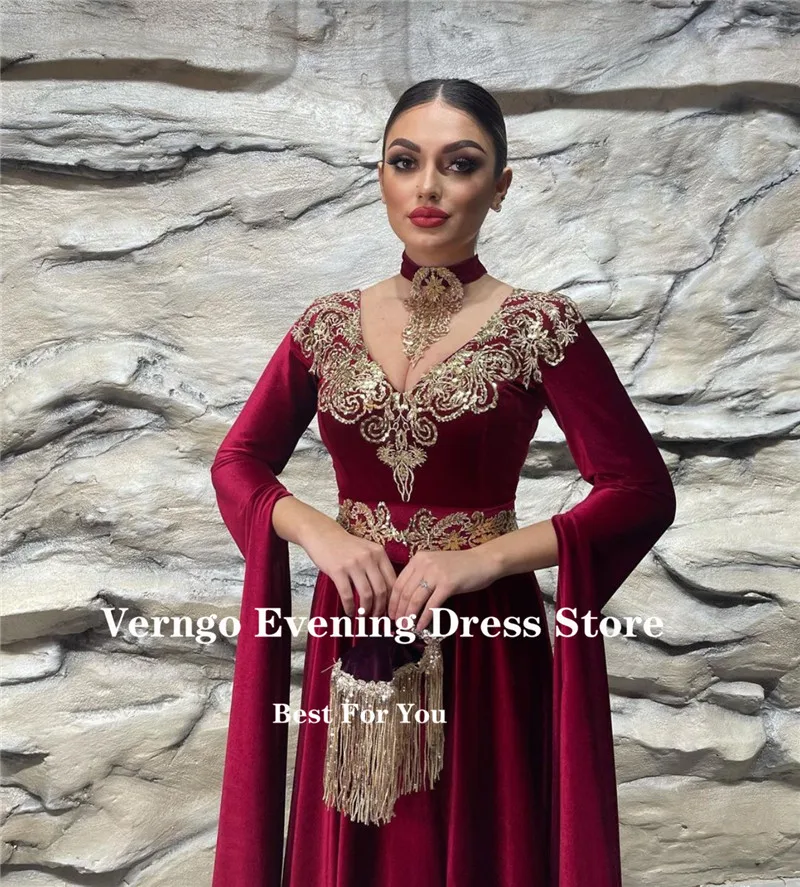 Verngo Exquisite Moroccan kaftan Evening Dresses Burgundy Long Sleeves V Neck Lace Applique Women Formal Prom Dress Plus Size