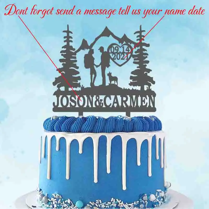 Custom Name Date Couple Backpacking Hiking Mountains Cake Topper For Outdoor Wedding Party Cake Decoration Topper