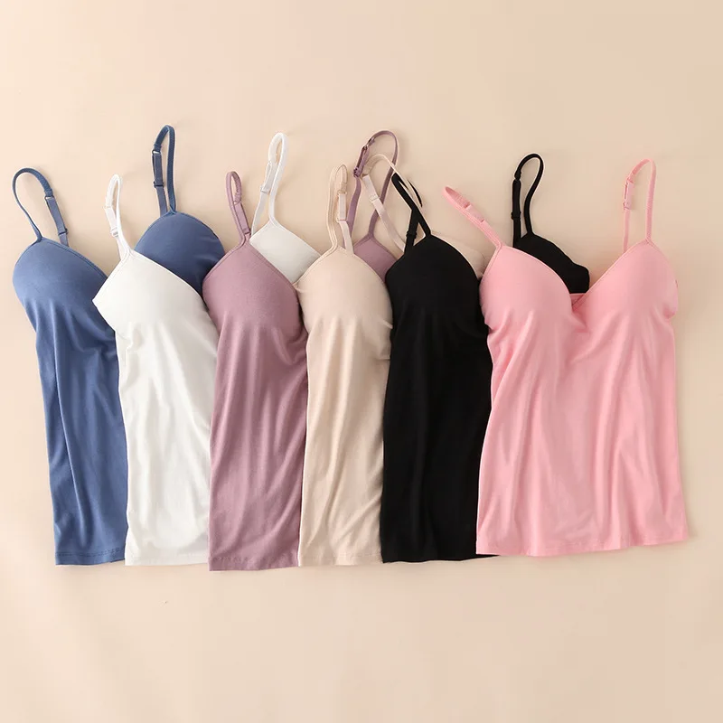 2024 Retro Vintage Basic&Casual Contracted wind  Women Padded Bra Spaghetti Strap V Neck Vest Cami Tank Tops Shirt Blouse