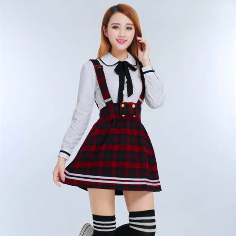 Japanese School Uniform for Girls Students Class JK Clothes Navy Straps Skirt +White Shirt +Stocking 3 Pcs / Set