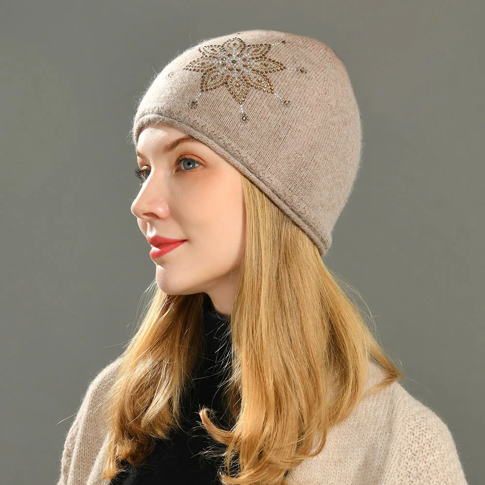 New Cashmere Beanie Hat Snowflake  Rhinestone Winter Cap For Woman Solid Color Warm Hat