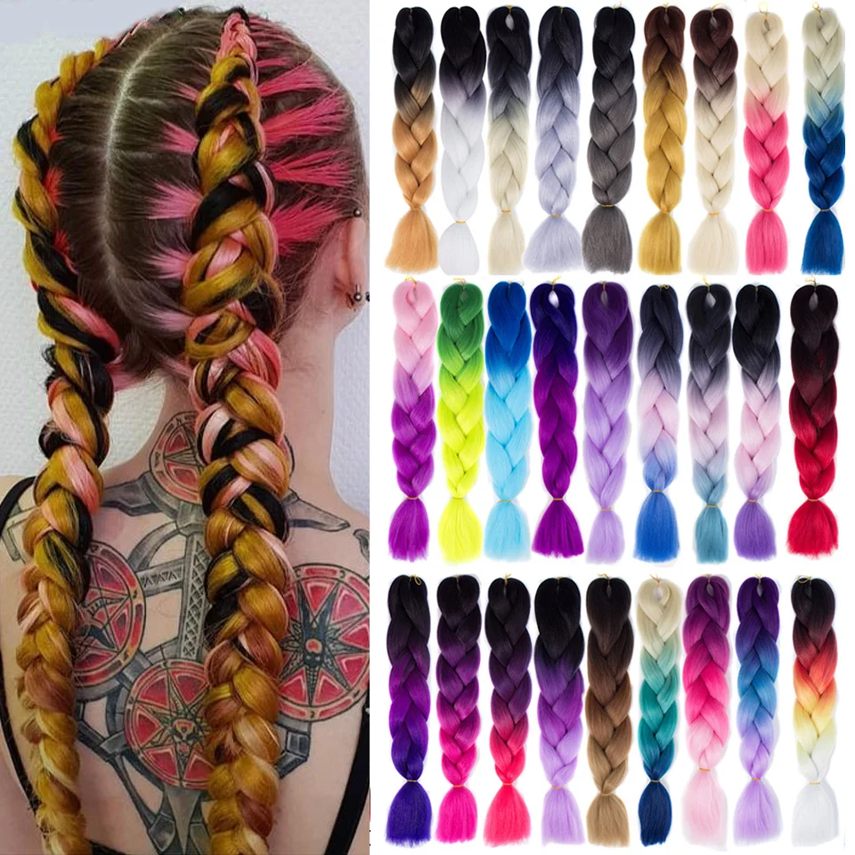 SHANGKE Synthetic 100g 24 Inch Braiding Hair Wholesale Ombre Multiple color mixing Hair Braids Jumbo Synthetic Hair pigtails