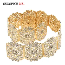 Sunspicems Gold Color Moroccan Caftan Belt for Women Rhinestone Waistband Arabic Crystal Wide Waist Chain Wedding Jewelry
