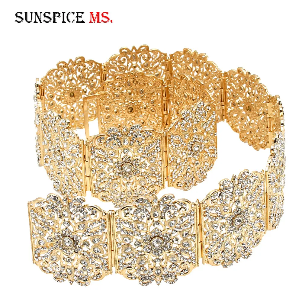 Sunspicems  Gold Color Moroccan Caftan Belt for Women Rhinestone Waistband Arabic Crystal Wide Waist Chain Wedding Jewelry