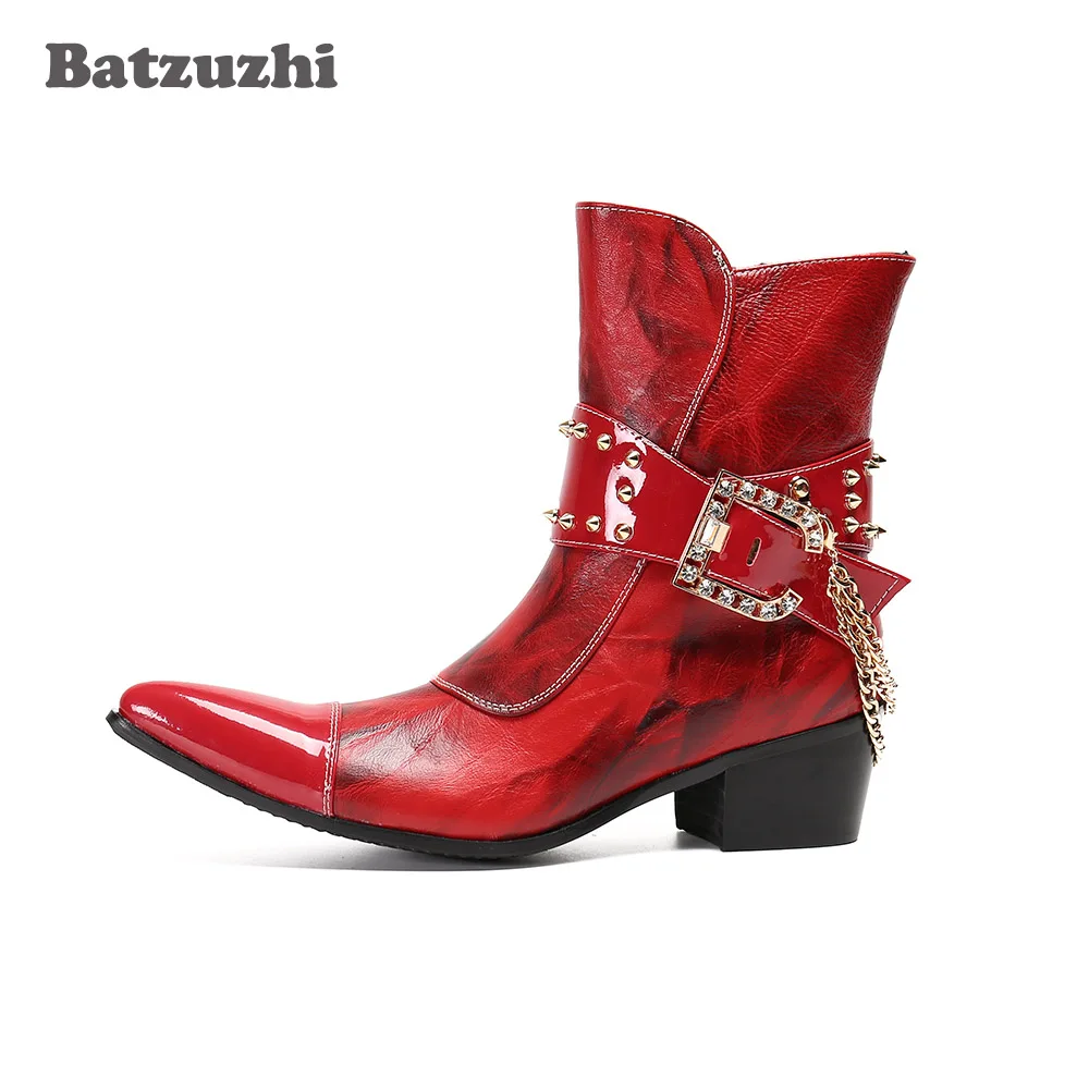 

Batzuzhi Western Cowboy Boots Punk Genuine Leather Ankle Boots for Men's Party and Wedding Red Punk Botas Hombre,Big Sizes US12