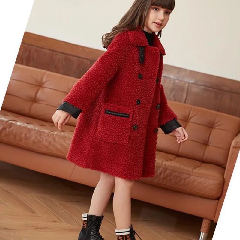 Lamb Wool Girls Baby\'s Kids Coat Jacket 2022 Thicken Winter Autumn Fur Teenage Mid-Length Buttons Outerwear Children\'s Clothing