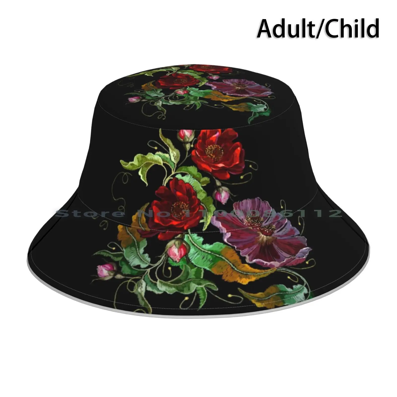 Embroidery Violet Flowers Androses Bucket Hat Sun Cap Beauty Blossom Botanical Bouquet Of Flowers Color Embroidered Embroidery