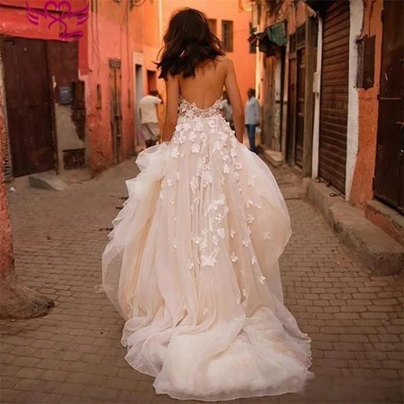 Vestido de novia Vintage con cuentas de encaje, vestidos de novia bohemios con espalda baja, cola de corte, 2021