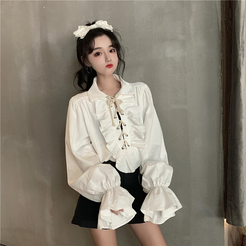 Women French Palace Lolita Shirt Lace Up Medieval Victorian Blouses Ruffles Party Spring Ladies Tuxedo Royal Style Gothic Shirt