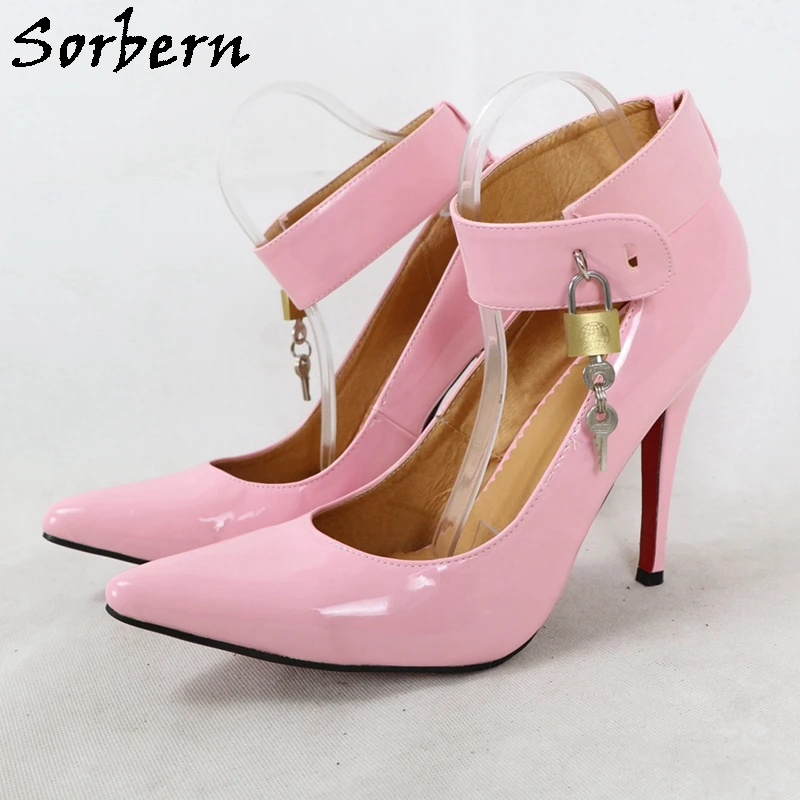 Sorbern Sexy Bdsm Women Pumps High Heels Ankle Straps Lock Keys Pole Dance Party Shoes Night Club Footwear Pump Heels Size 12