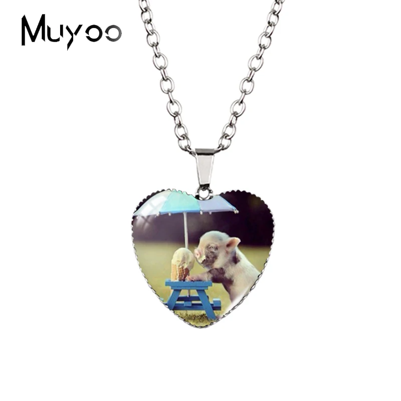 2021 New Cartoon Pet Pig Lovely Piggy Glass Cabochon Heart Pendants Funny Pigs Patterns Handcraft Heart Necklace HZ3