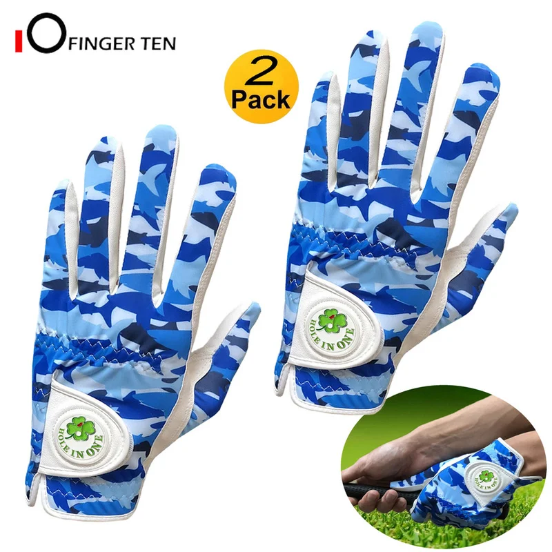 

2 Pcs Golf Gloves for Men with Ball Marker Soft Leather Blue Camouflage Left Right Hand Breathable Rain Grip