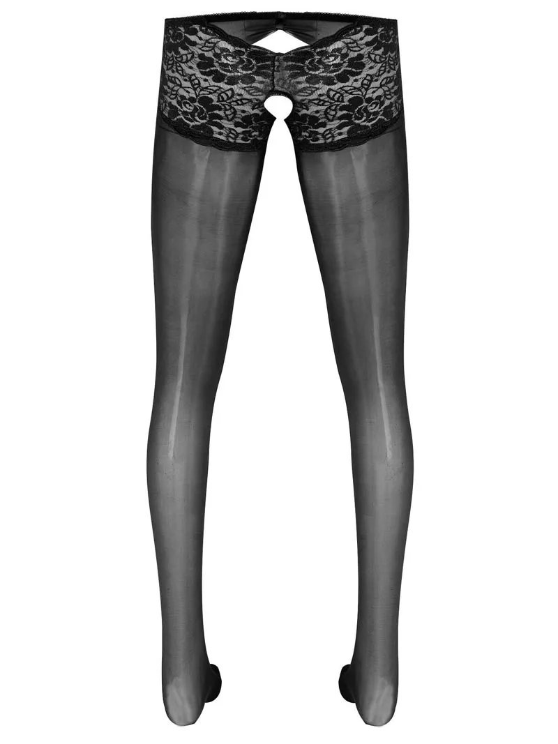 Sissy Men Lace Top Sheer Crotchless Glossy Pantyhose Tights Stockings Long Pants Lingerie Underwear Hosiery Plus Size