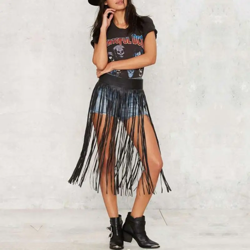 Womens High Waist Faux Leather Fringe Tassels Skirt with Buttons Halloween Party Punk Rock Clubwear