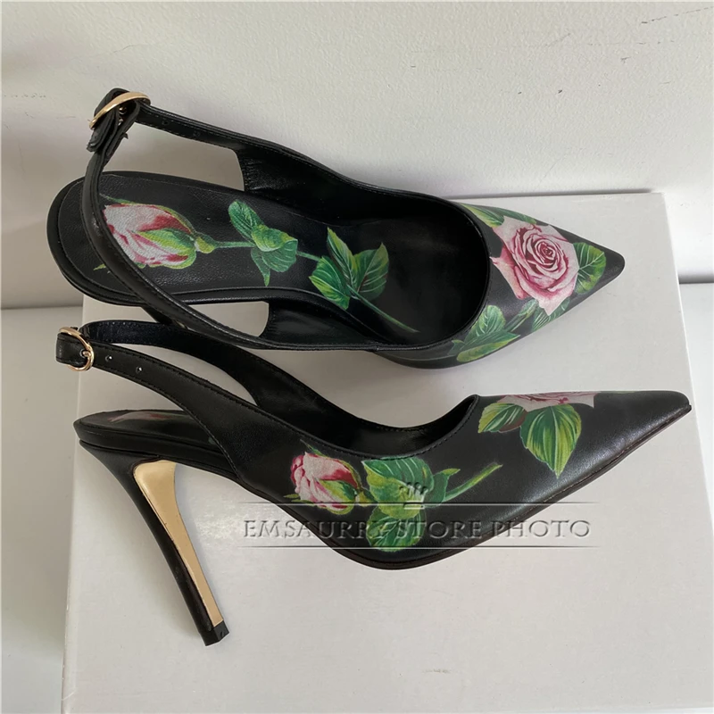 Stampa fiore punta a punta décolleté da donna Sexy tacchi alti sottili Slingbacks vera pelle Slip-on primavera Mary Janes