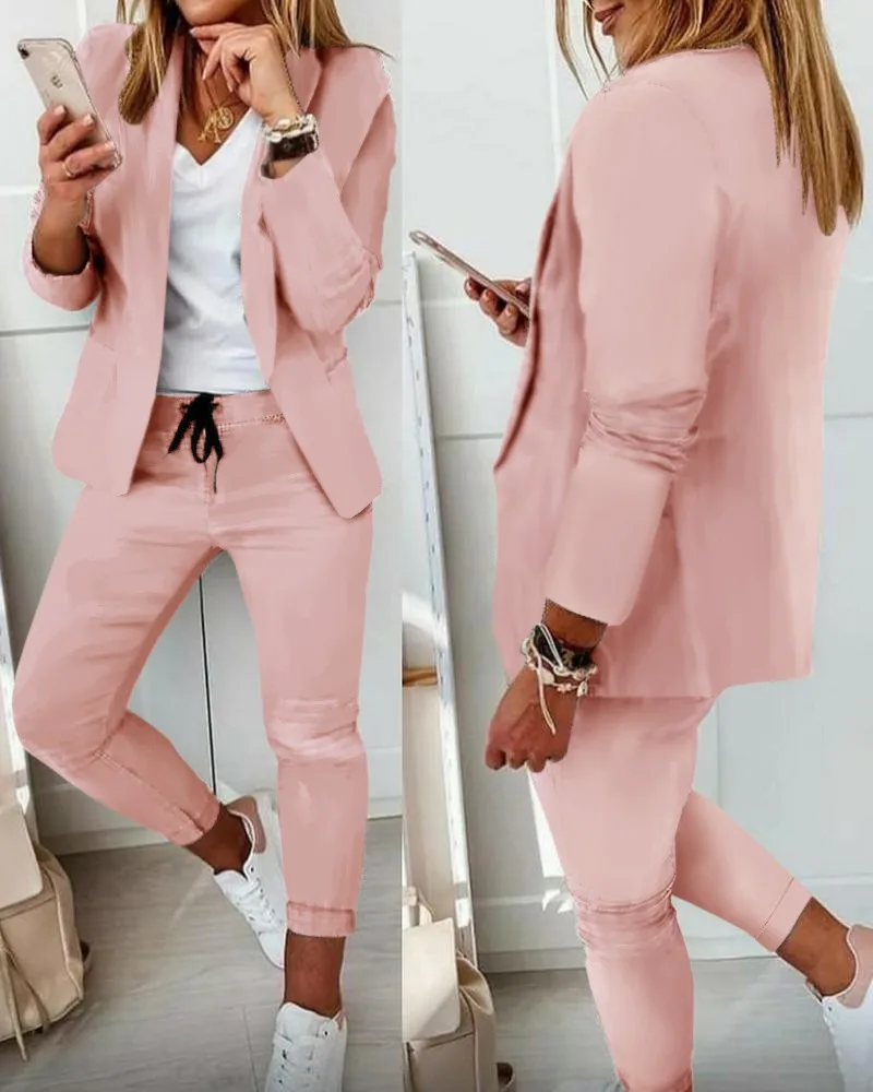 Casual Suit Two Pieces for Women Simple Fashion Set Autumn Female Turndown Collar Single Breasted Solid Blazer and Pants Set